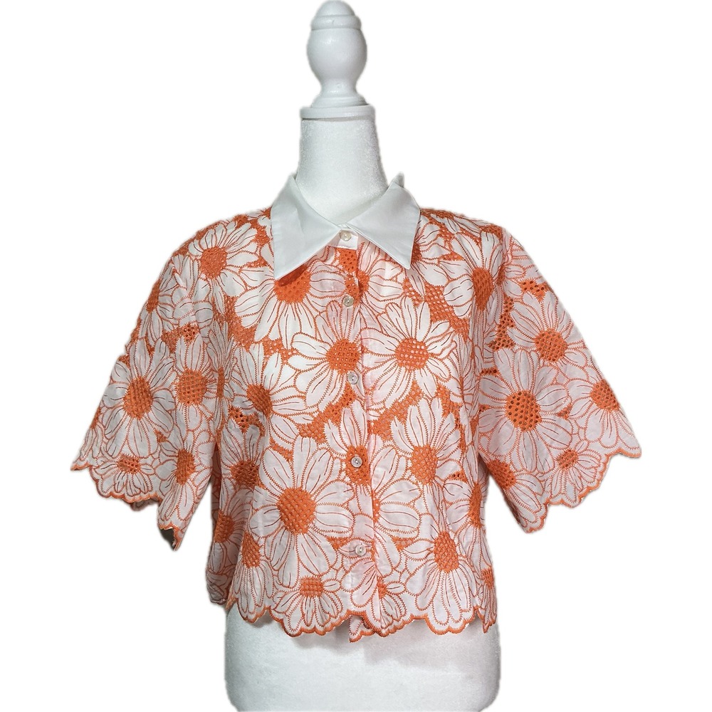 Cottagecore Whimsical Delicate Feminine Eyelet Cropped Button Up Scalloped Hem L